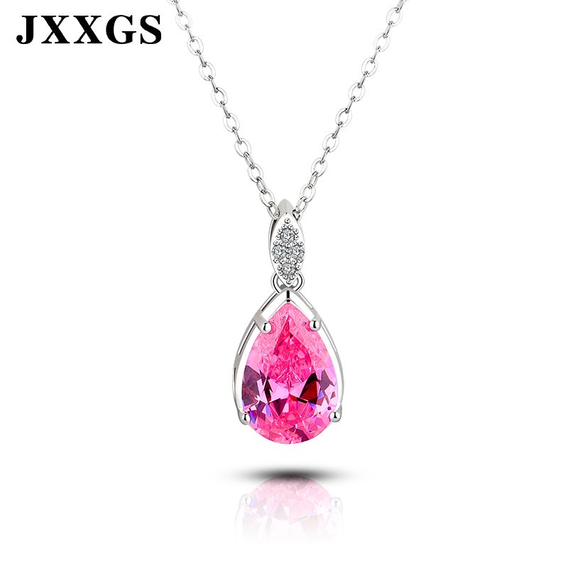 奢华镀金粉色泪珠立方氧化锆吊坠项链女925银水晶手工饰品礼品
